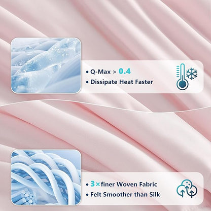 Cooling Comforter Set Twin- Pink Reversible Cooling Comforter Set with Sheets - Soft Breath Comforter 3pcs Set (Comforter+Fitted Sheets+Pillowcase)