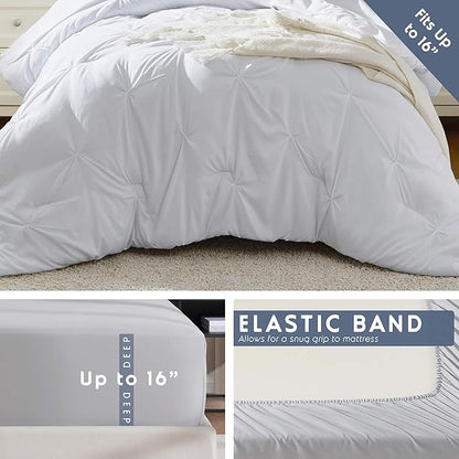 Nestl Twin Comforter Set 5 Piece - Pintuck Twin Bedding Sets White, College Dorm Room Essentials for Girls and Boys Bed in a Bag Twin All Season, Twin Comforter Set with Sheets, Pillowcase and Sham