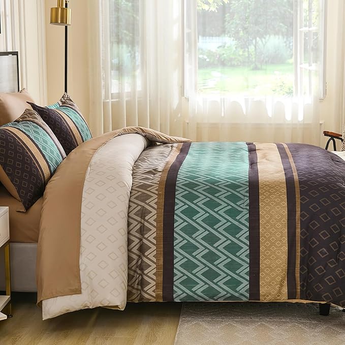 Cottolester Queen Comforter Set 7 Pieces Brown and Green Boho Striped Bed in a Bag,Soft Microfiber Complete Bedding Sets