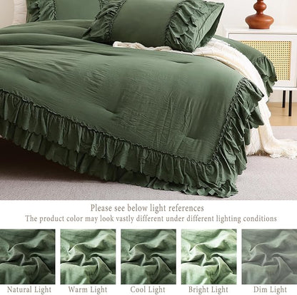 Herside Olive Green Ruffle Comforter Set Queen Size,Shabby Chic Boho Bedding Sets, Soft Fluffy Comforters Sets for All Season,Vintage Ruffled 3 Pcs Microfiber Lightweight Quilt Set for Women Girls