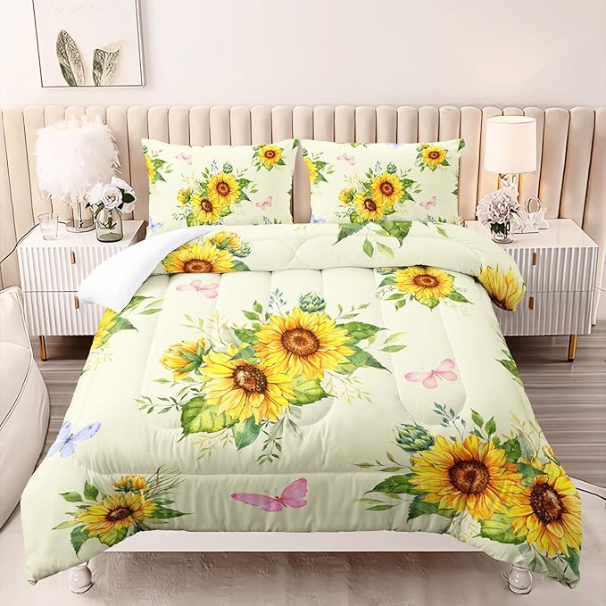 3 Piece Sunflower Comforter Sets Queen Size,Vintage Floral Bedding Set for Girls Boys Adults,3 Piece Bed in A Bag,Ultra Soft Microfiber All Season Yellow Flower Bedding Set