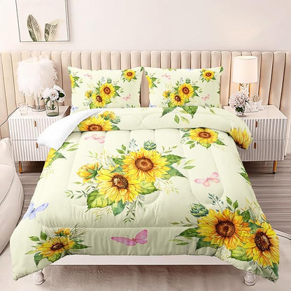 3 Piece Sunflower Comforter Sets Twin Size,Vintage Floral Bedding Set for Girls Boys Adults,3 Piece Bed in A Bag,Ultra Soft Microfiber All Season Yellow Flower Bedding Set