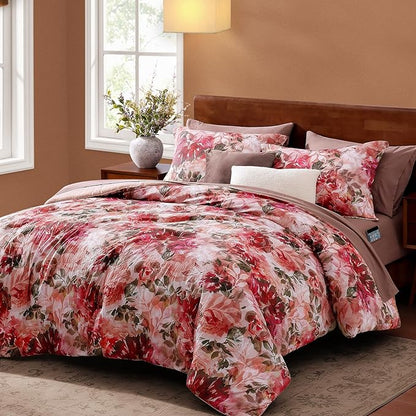 CASAAGUSTO Full Comforter Set, 7 PCS Red Rose Floral Comforter Set with Flowers Leaves Pattern, Soft Seersucker Design All Season Full Size Bedding Set(80"X90")