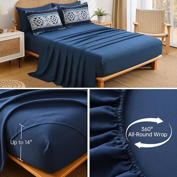 Anibedding Navy Blue Comforter Set Queen Size,7 Pieces Boho Bed in a Bag Aztec Western Bedding Set, Soft Microfiber Bed Comforter Set for All Season