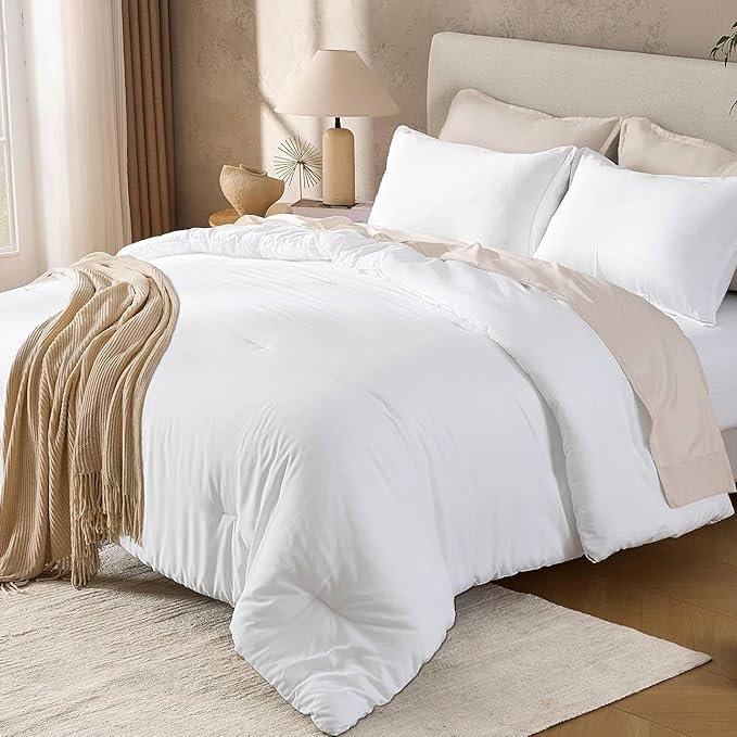 Andency White Super King Comforter Set, 3 Pieces Oversized King Lightweight Soft Solid Bed Comforter, Oversized Fluffy Microfiber Bedding Set (120x120In, 2 Pillowcases)