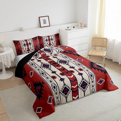 Erosebridal Western Boho Bedding Sets Toddler Vintage Red Brown Aztec Quilt Set American Native Southwestern Comforter Set for Boys Adults Men,Southwest Ethnic Tribal Geometric Diamond Bed Duvet Set