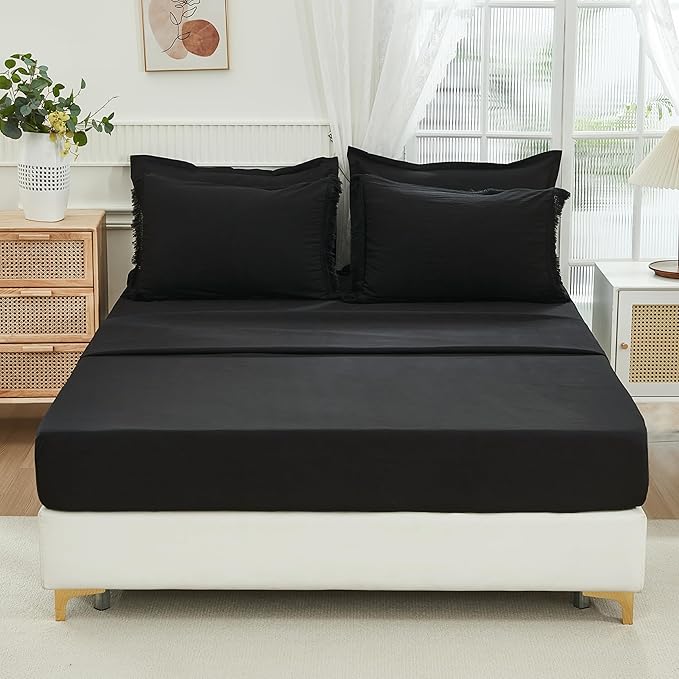 Andency California King Size Black Comforter Sets with Sheets - 7 Pieces Boho Tassel Bed in a Bag Soft Lightweight Bedding Sets, Black Fringe Bed Set with Comforter, Sheets, Pillowcases & Shams