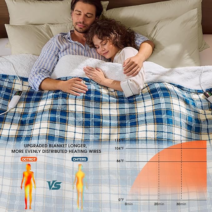 Heated Electric Blanket Queen Size, 84X90 Heating Blanket Queen with Dual Control&10 Heats Levels&Timer for Bed,Blue Plaid Sherpa Soft Blankets Warmer Gift for Grandma Women Adults, Washable