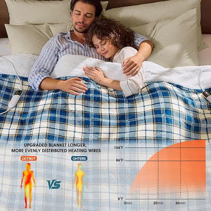 Heated Electric Blanket Queen Size, 84X90 Heating Blanket Queen with Dual Control&10 Heats Levels&Timer for Bed,Blue Plaid Sherpa Soft Blankets Warmer Gift for Grandma Women Adults, Washable