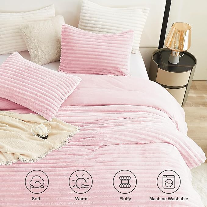 CozyLux Fluffy Full Size Comforter Sets - Super Soft Faux Fur Pink Comforter Full Size, Winter Warm Fleece Bedding Set, 3 Pieces Plush Fuzzy Bed Set (1 Shaggy Comforter, 2 Pillowcases)