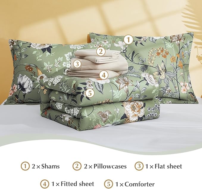 CASAAGUSTO Full Size Comforter Sets-7 Pieces Green Floral Bedding Sets, Bed in a Bag Full with Botanical Butterfly Comforter, Sheets, Pillowcases & Shams for All Seasons
