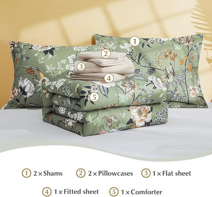 CASAAGUSTO Full Size Comforter Sets-7 Pieces Green Floral Bedding Sets, Bed in a Bag Full with Botanical Butterfly Comforter, Sheets, Pillowcases & Shams for All Seasons