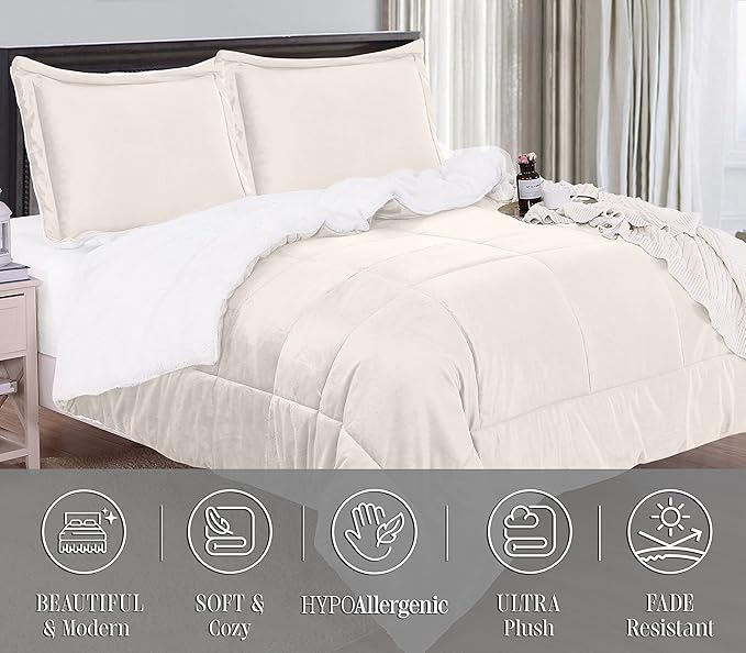 Elegant Comfort Super Soft Sherpa Comforter 3-Piece Set Premium Quality, Heavy Weight Reversible Down Alternative Micro-Suede, Sherpa Comforter, Queen, Pearl Cream