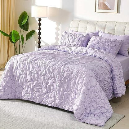 Lavender Pinch Pleat Comforter Set Queen Size-7 Pieces Bedding Comforter Bed in A Bag-Lightweight Microfiber Bedding Set with Comforter,Fitted Sheet,Flat Sheet and Pillow Shams-90 x90