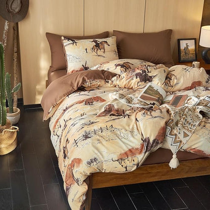 Wake In Cloud - Western Comforter Set, Rustic Ranch Life with Cowboy Southwestern Vintage Country Pattern Printed, Soft Lightweight Bedding, 3 Pieces, Ochre Brown, Queen Size