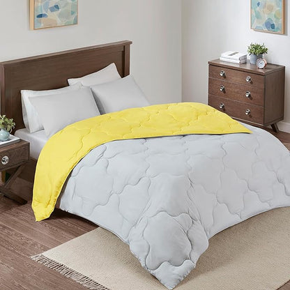 Comfort Spaces Vixie Reversible Comforter Set - Trendy Casual Geometric Quilted Cover, All Season Down Alternative Cozy Bedding, Matching Sham, Grey/Yellow, Full/Queen 3 piece