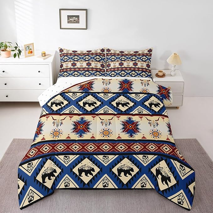 Erosebridal Black Bear Bedding Sets Exotic Bull Skull Western Comforter Set Twin,Ethnic Tribe Arrow Aztec Quilt Indian Tribal Geometric Diamond Triangle Duvet Insert,Bohemian Western Decor,Red Blue