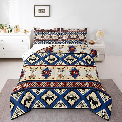 Erosebridal Black Bear Bedding Sets Exotic Bull Skull Western Comforter Set Twin,Ethnic Tribe Arrow Aztec Quilt Indian Tribal Geometric Diamond Triangle Duvet Insert,Bohemian Western Decor,Red Blue