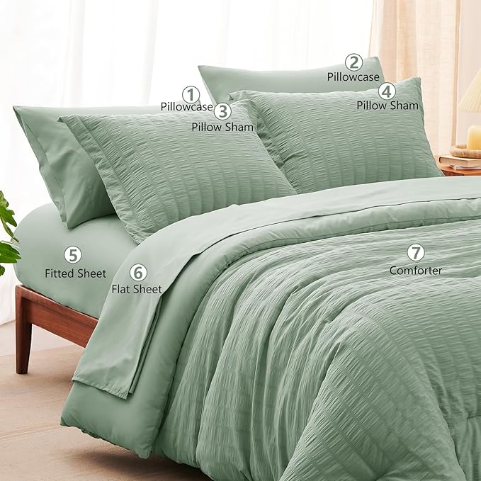 CozyLux King Size Comforter Set Sage Green Seersucker 7 Pieces Bed in a Bag King Comforter Set with Sheets, Luxury Bedding Set with Down Alternative Comforter, Sheets, Pillowcases & Shams All Seasonss