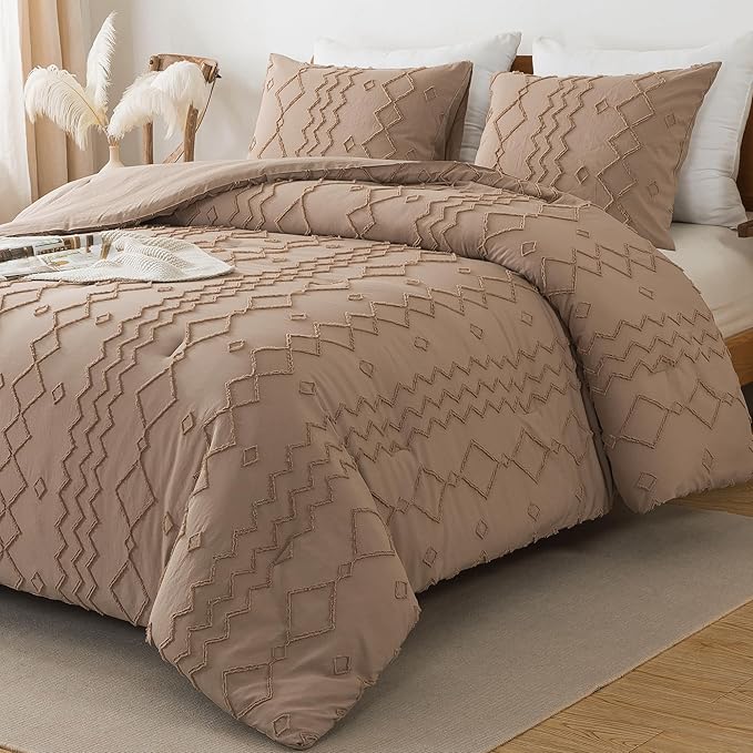 Andency Taupe Tufted Comforter Set California King(104x96Inch), 3 Pieces(1 Boho Comforter, 2 Pillowcases) Textured Farmhouse Bedding, Soft Microfiber Down Alternative Geometric Set