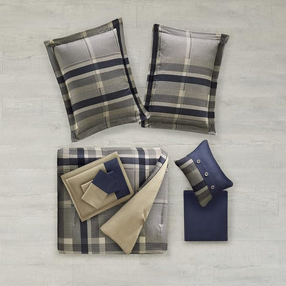 Intelligent Design Robbie 7-Piece Twin Comforter Set – Lightweight All-Season Plaid Bedding, Navy/Tan, Cozy Bed-in-a-Bag with Matching Shams & Decorative Pillow, Modern Casual Style