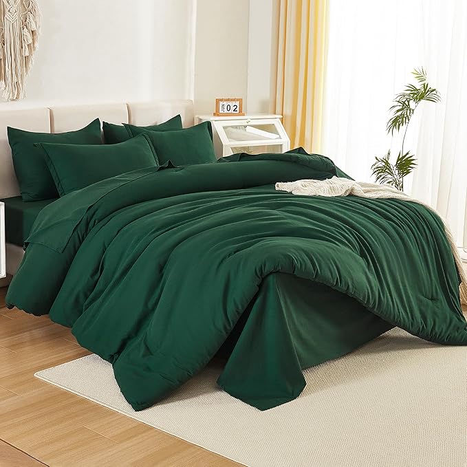 Litanika King Size Comforter Set Dark Emerald Green - 7 Pieces Bed in a Bag King Bedding Comforter Sets, Solid Lightweight Bed Set with Comforter, Sheets, Pillowcases & Shams