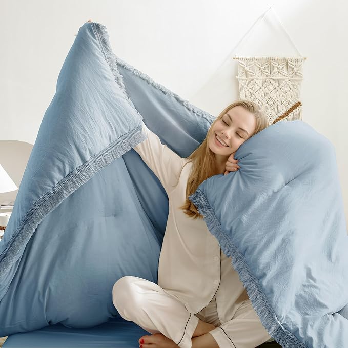 Andency Grayish Blue Comforter Set Full Size, 3 Pieces Boho Tassel Lightweight Bedding Comforter Sets, All Season Soft Fluffy Fringe Bed Set (79x90In Comforter & 2 Pillowcases)