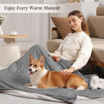 Queen Size Electric Blanket 84''x90'' Heated Blanket - Plush Flannel and Soft Sherpa Fleece Heating Blanket for Couple, 5 Heat Levels & 10 Hours Auto-Off, Great Gift for Grandma (Gray)