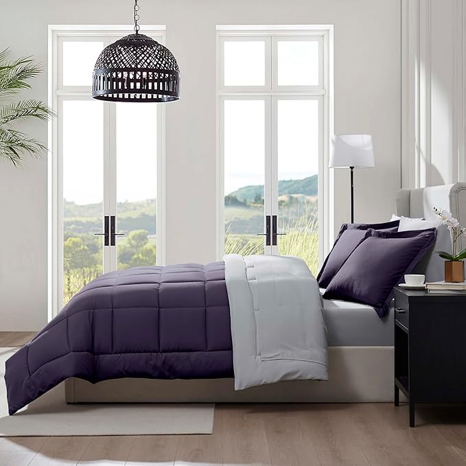 Nestl 7 Piece California King Comforter Set – Purple Reversible Bed in a Bag – Complete Cal King Size Bedding Set with Sheets, Pillowcases and Shams