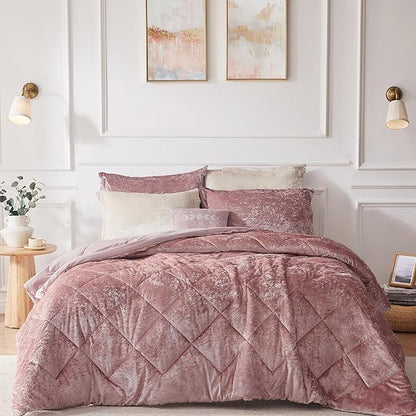 Intelligent Design King Comforter Set, Velvet Comforter Set , Luxury Diamond Quilting Comforter Set, Fluffy Comforter Bed Set with Decorative Pillowand 2 Shams, 4 Piece Pink, King/ Cal King