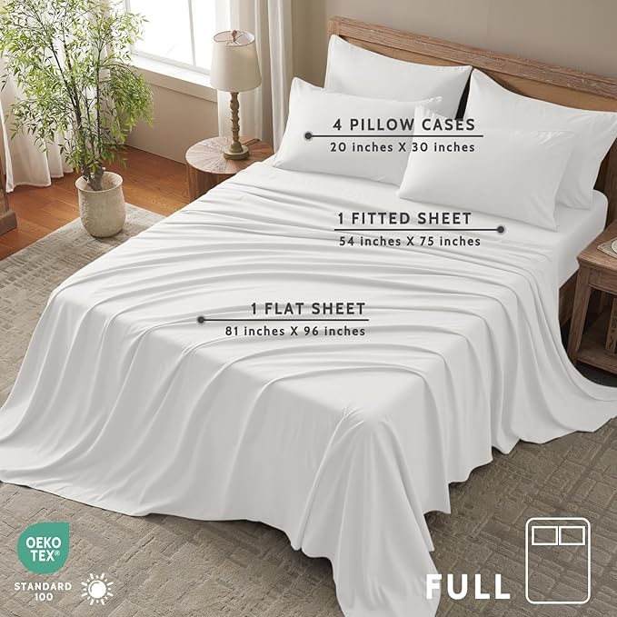 Full Size Bed Sheets - 6 Piece Soft Microfiber and Wrinkle Free Sheets - Easy Care, Extra Soft, Cooling Sheets - 1 Deep Pocket Fitted Sheet 1 Flat Sheet and 4 Pillowcases (Full White)