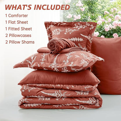 MUXHOMO Brown King Comforter Set, Elegant Floral Print Bed in a Bag 7 Pieces, Ultra Soft & Breathable Reversible Botanical Pattern Bedding Set with Comforter, Sheets, Pillowcases, and Shams