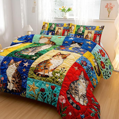 Cartoon Cat Comforter Set Full Size 3PCS,Cat Puzzle Bedding Set for Teen Adult,Floral Cat Animal Themed Room Decor Ultra-Soft Lightweight Microfiber with 2 Pillowcases