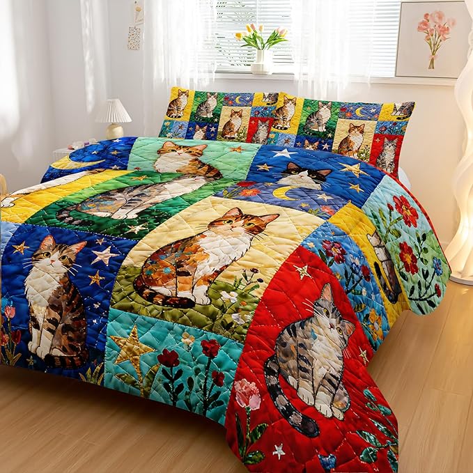 Cartoon Cat Comforter Set King Size 3PCS,Cat Puzzle Bedding Set for Teen Adult,Floral Cat Animal Themed Room Decor Ultra-Soft Lightweight Microfiber with 2 Pillowcases