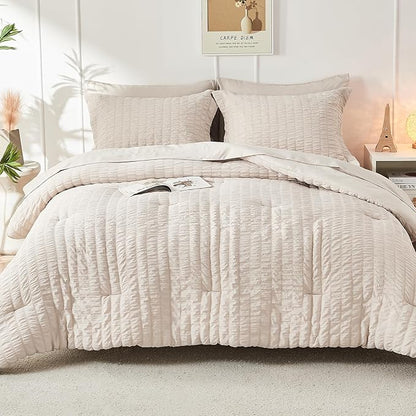 HYMOKEGE Beige Oversized Queen Comforter Set Seersucker 7 Pieces, All Season Luxury Bed in a Bag for Bedroom, Bedding Set with Comforter, Sheets, Pillowcases & Shams