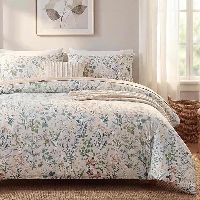 Green Floral Comforter Set Queen Size 100% Cotton Comforter 3 Pieces Soft Lightweight Reversible Retro Floral Bedding Sets for All Season