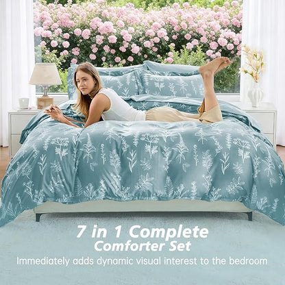 MUXHOMO Blue Bed in a Bag Queen 7 Pieces, Queen Comforter Set Reversible Botanical Flowers Design, Ultra Soft & Breathable Bedding Sets with Comforter, Sheets, Pillowcases & Shams
