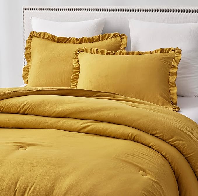 Chezmoi Collection Nora Mustard Yellow Comforter Set Queen Size 3-Piece Lightweight Fluffy Soft Lightweight Bedding Ruffled Edge Trim Stone-Washed Microfiber Comforter Set for All Season