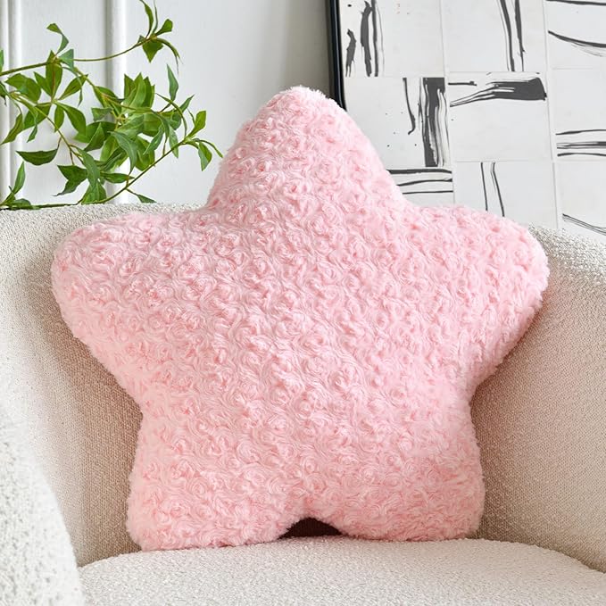 Star Pillow, 14.9" Star Shaped Plush Pillow for Couch Bed Sofa, Cute Decorative Throw Pillows with Soft Faux Fur Room Decor for Bedroom Living Room (Pink)