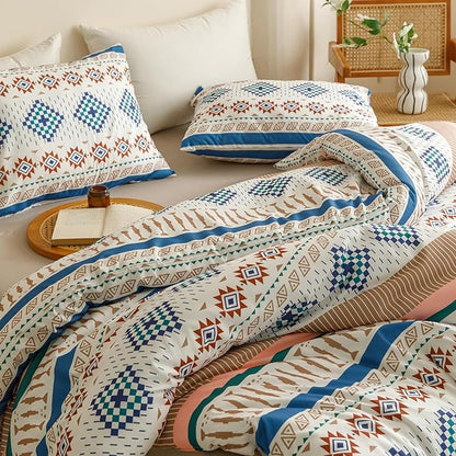CLOTHKNOW Aztec Bohemian Queen Comforter Set 3Pcs Boho Bedding Comforter Sets White Blue Comforter American Tribal Navajo Queen Size Comforter Sets