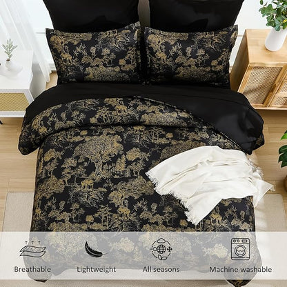 DJY Black Comforter Set King, 7 Pieces Black and Gold Botanical Comforters King Size Bed in a Bag Elegant Plants Print with Sheets Soft Microfiber Complete Bedding Sets for All Season