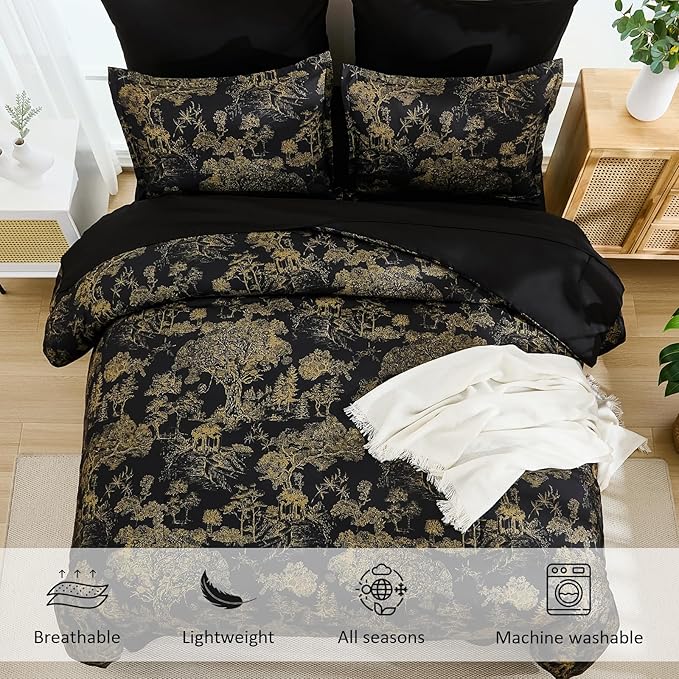 DJY Black Comforter Set Queen, 7 Pieces Black and Gold Botanical Comforters Bed in a Bag Queen Size Elegant Plants Print Bedding with Comforter, Flat Sheet, Fitted Sheet, Pillow Shams Pillowcases