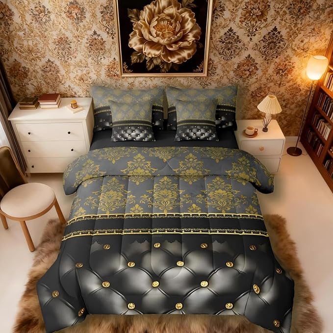 Golden Damask 7 Piece Comforter Set Full Bed in a Bag | Luxury Black Diamond Texture Pattern Bohemian Bedding Sets Victorian Decor Gothic Vintage Floral Comforter and Sheet Set, Baroque Goth Bed Sets