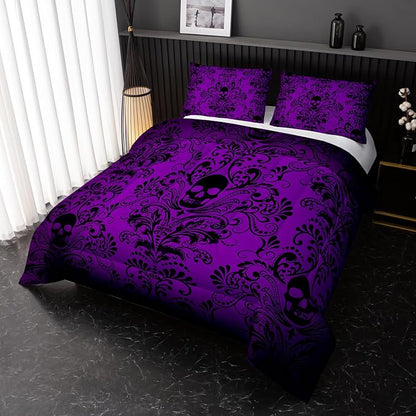 Adults Violet Gothic Comforter Set Twin Size,Vintage Damask Floral Bedding Set 3Pcs,Bohemia Bedding Set Goth Skull Printed Quilted Set for Teens Adult with 1 Comforter and 2 Pillowcase