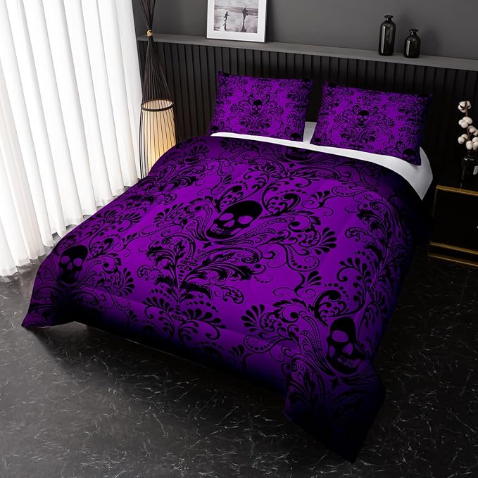 Adults Violet Gothic Comforter Set Full Size,Vintage Damask Floral Bedding Set 3Pcs,Bohemia Bedding Set Goth Skull Printed Quilted Set for Teens Adult with 1 Comforter and 2 Pillowcase