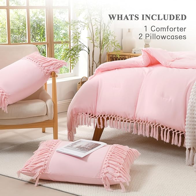 Andency Comforter King Size Set Light Pink, 3 Pieces Boho Tassel Lightweight Fluffy Bedding Comforters & Sets, Soft All Season Bed Set (104x90In Comforter & 2 Pillowcases)