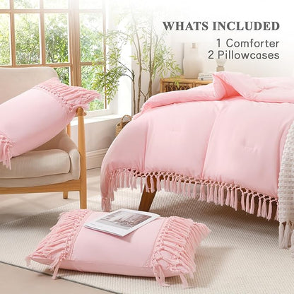 Andency Comforter King Size Set Light Pink, 3 Pieces Boho Tassel Lightweight Fluffy Bedding Comforters & Sets, Soft All Season Bed Set (104x90In Comforter & 2 Pillowcases)