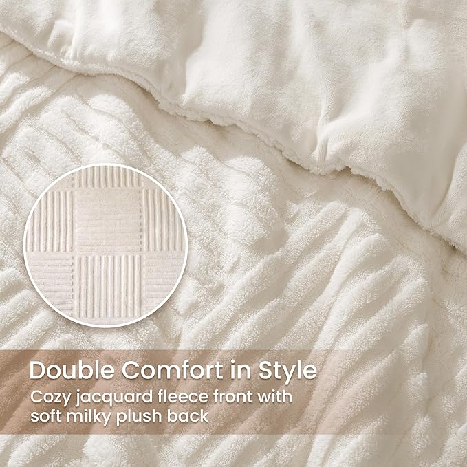 Amélie Home King Size Comforter Set with Stripe Jacquard Design, Beige Fluffy Fleece Bedding Set, Super Warm Fuzzy Plush Bedding Set for Winter, 3 Pieces, 1 Soft Comforter and 2 Pillowcases
