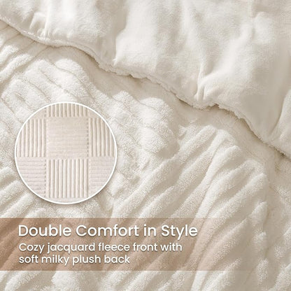 Amélie Home King Size Comforter Set with Stripe Jacquard Design, Beige Fluffy Fleece Bedding Set, Super Warm Fuzzy Plush Bedding Set for Winter, 3 Pieces, 1 Soft Comforter and 2 Pillowcases