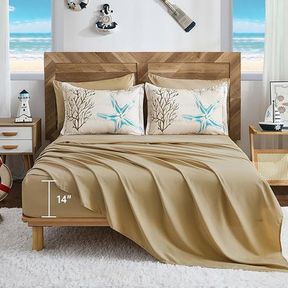 Comforter Set King Size Coastal, Beach Themed Comforters,7 Pieces Ocean Starfish Bed in a Bag Nautical Bedding with Sheets for Spring Summer